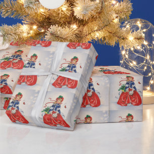 Weihnachtsmädchen im Kleid im Vintage-Stil Geschenkpapier