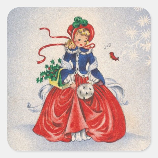 Weihnachtsmädchen im Kleid Quadratischer Aufkleber (Vorderseite)