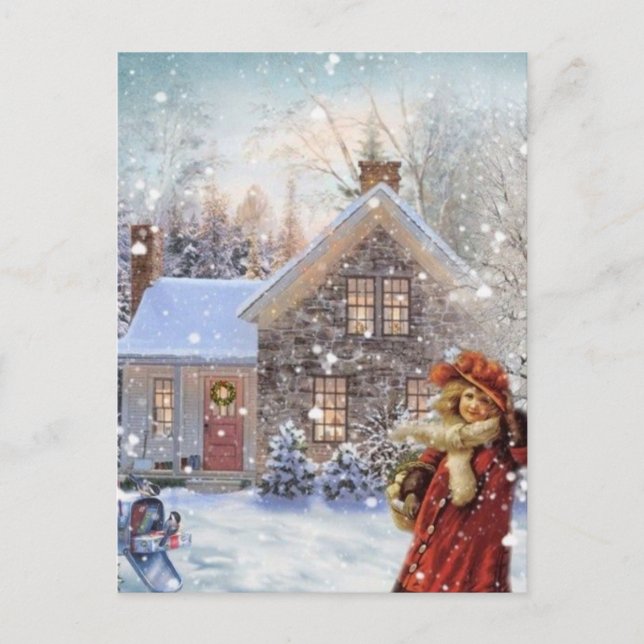 Weihnachtsmädchen im Schnee Feiertagspostkarte (Vorderseite)