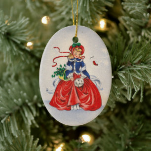 Weihnachtsmädchen im Vintage-Kleid Keramik Ornament