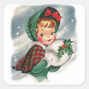Weihnachtsmädchen im Vintage-Stil mit Stechpalme Quadratischer Aufkleber