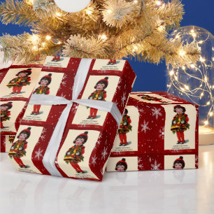 Weihnachtsmädchen im Vintage-Stil, Schneeblumen-Ge Geschenkpapier