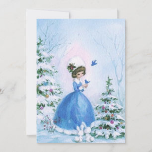 Weihnachtsmädchen in blauem Kleid im Schnee Feiertagskarte
