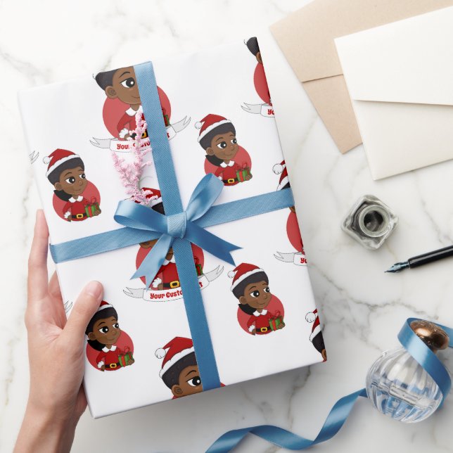 Weihnachtsmädchen mit Afro Cartoon Wrapping Paper Geschenkpapier (Schenken)