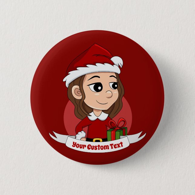 Weihnachtsmädchen mit braunem, gewelltem Haar Button (Vorderseite)
