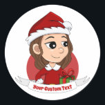 Weihnachtsmädchen mit braunem, gewelltem Haar Runder Aufkleber<br><div class="desc">Runde Aufkleber mit einer Illustration eines niedlich lächelnden Mädchens mit langbraunem, gewelltem Haar, trägt das Mädchen ein Weihnachtskostüm mit einem roten Hut und hält ein Geschenk. Auf weißem Hintergrund. Mit einer anpassbaren Textvorlage für Ihren Namen oder Ihre Nachricht. Machen Sie Ihre Ferienzeit in diesem Jahr noch etwas ganz Besonderes, indem...</div>