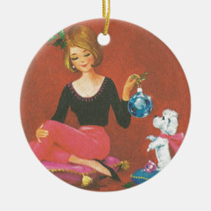 Weihnachtsmädchen mit französischem Poodle Keramikornament