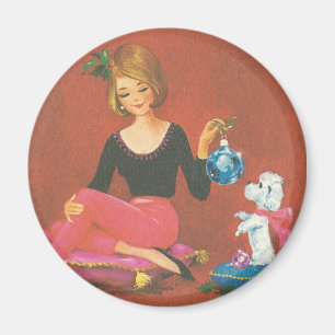 Weihnachtsmädchen mit französischem Pudel im Vinta Magnet