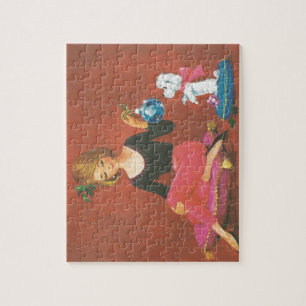 Weihnachtsmädchen mit französischem Pudel im Vinta Puzzle