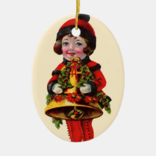 Weihnachtsmädchen mit Glocke im Vintage-Stil Keramik Ornament