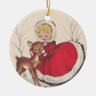 Weihnachtsmädchen mit Hirschbaum Keramik Ornament