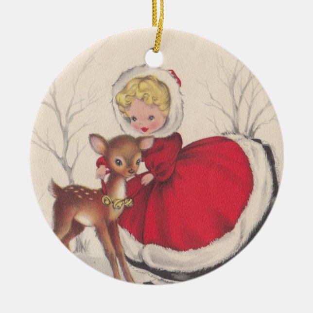 Weihnachtsmädchen mit Hirschbaum Keramik Ornament (Vorne)