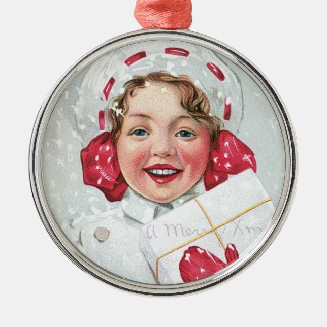 Weihnachtsmädchen mit Paket Silbernes Ornament (Vorne)