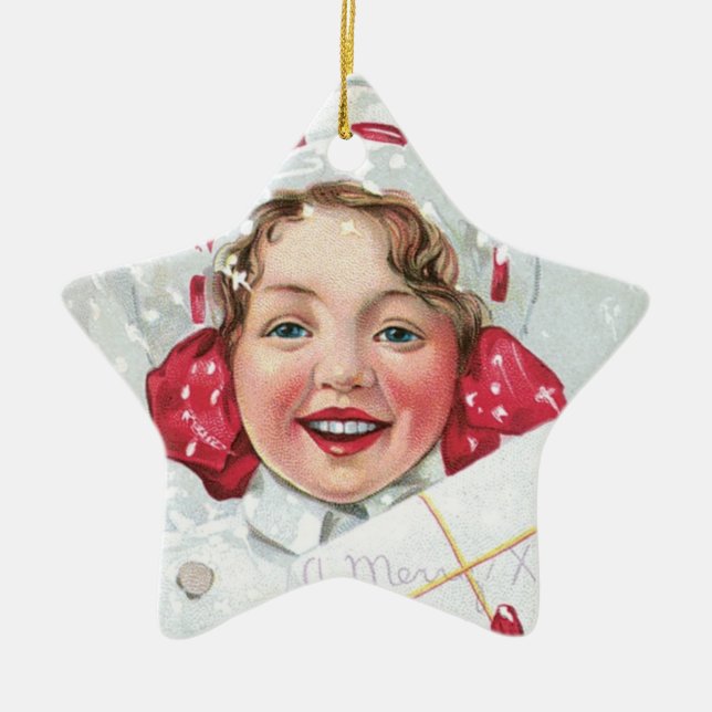 Weihnachtsmädchen mit Paket - Star Keramik Ornament (Vorne)