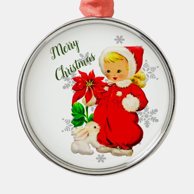 Weihnachtsmädchen mit Poinsettia Blume Ornament Aus Metall (Vorne)