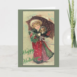 Weihnachtsmädchen mit Welpe Feiertagskarte