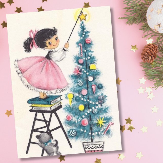 Weihnachtsmädchen Stern auf Baum Feiertagskarte (Von Creator hochgeladen)
