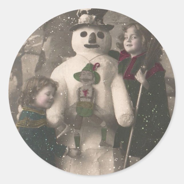 Weihnachtsmädchen und Snowman Vintages Foto Runder Aufkleber (Vorderseite)