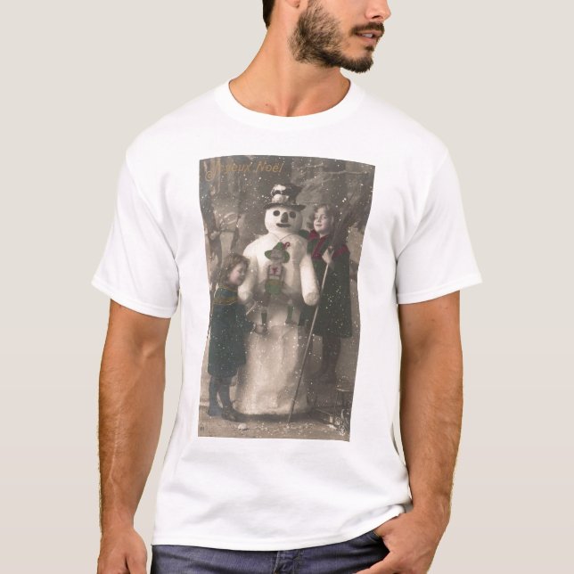 Weihnachtsmädchen und Snowman Vintages Foto T-Shirt (Vorderseite)