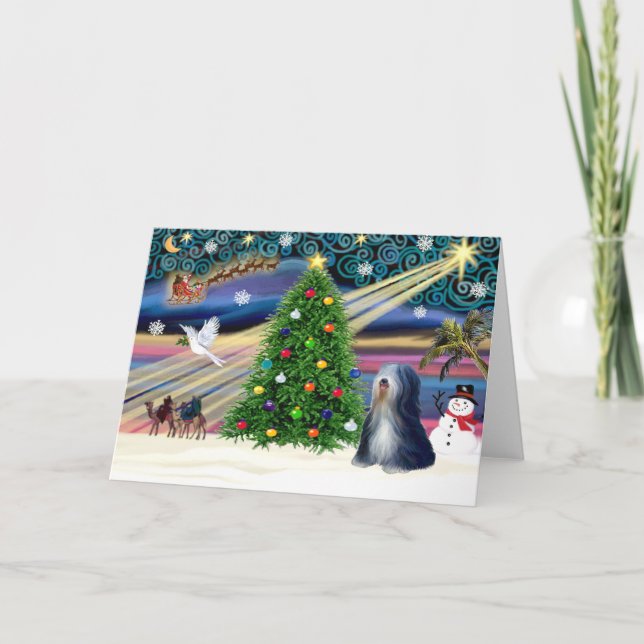 Weihnachtsmagie Tibetan Terrier (schwarz-weiß) Feiertagskarte (Vorderseite)