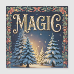 Weihnachtsmagie-Typografie mit schneebedeckten Kie Magnetkarte