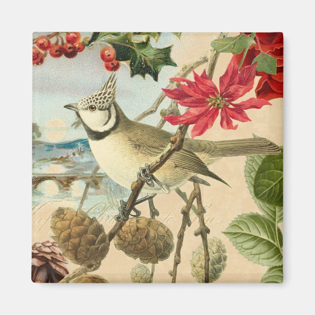 Weihnachtsmagnet mit Vogel und roter Blume Magnet (Vorne)