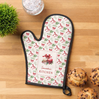 Weihnachtsmakronen Rotes Band Grünzeug Muster Ofenhandschuh