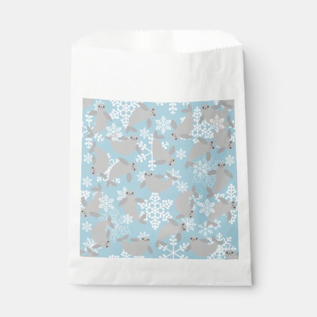 Weihnachtsmanatee Winterblaue Schneeflocken Geschenktütchen (Vorderseite)