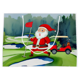 Weihnachtsmann am Golf mit rotem Karren auf Grün Große Geschenktüte