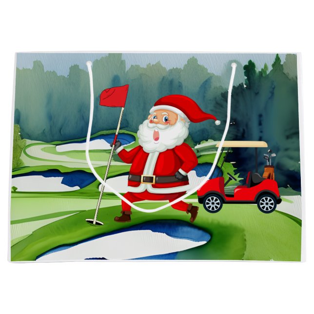 Weihnachtsmann am Golf mit rotem Karren auf Grün Große Geschenktüte (Vorderseite)