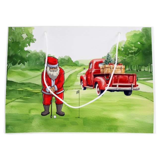 Weihnachtsmann am Golf mit rotem LKW auf Grün Große Geschenktüte (Vorderseite)