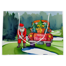 Weihnachtsmann am Golf mit rotem LKW auf Grün Große Geschenktüte