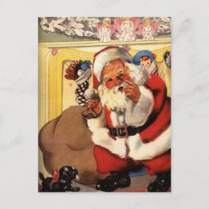 Weihnachtsmann am Kamin mit Welpe Vintage Retro Postkarte