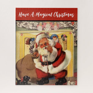Weihnachtsmann am Kamin mit Welpen Vintage Retro Puzzle