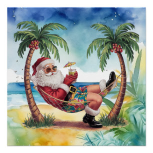 Weihnachtsmann am Strand zu Weihnachten im Juli Poster