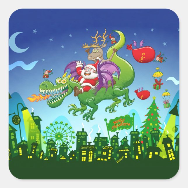 Weihnachtsmann änderte sein Ren für einen Drachen Quadratischer Aufkleber (Vorderseite)