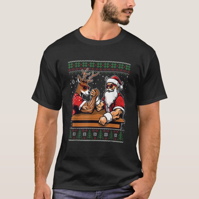 Weihnachtsmann-Arm-Wrestling Rentier Ugly Christ T-Shirt (Vorderseite)