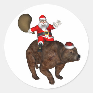 Weihnachtsmann auf Bär reitend Runder Aufkleber