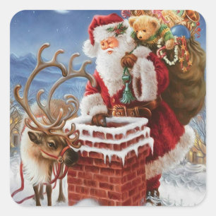Weihnachtsmann auf Dach Quadratischer Aufkleber