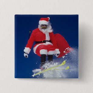 Weihnachtsmann auf dem Skispringen weg von einem Button