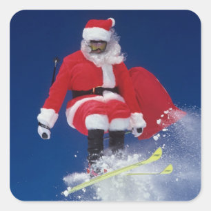 Weihnachtsmann auf dem Skispringen weg von einem Quadratischer Aufkleber