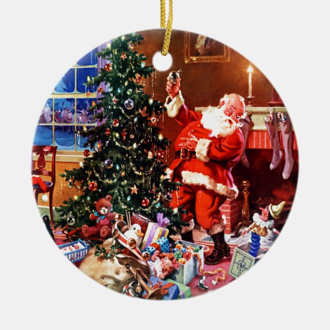 Weihnachtsmann auf der Nacht vor Weihnachten Keramikornament (Vorne)