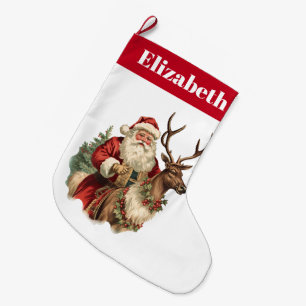 Weihnachtsmann auf einem Rentier Retro Weihnachten Großer Weihnachtsstrumpf
