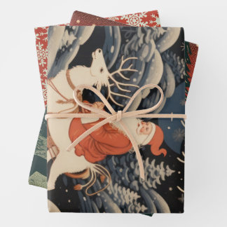 WEIHNACHTSMANN AUF EINEM RENTIER TRADITIONELLES GE GESCHENKPAPIER SET