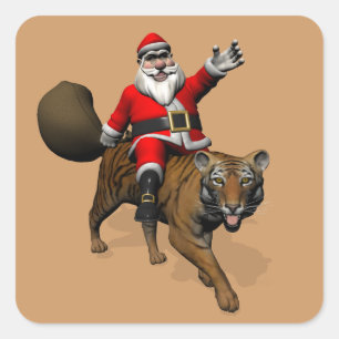Weihnachtsmann auf einem Tiger reitend Quadratischer Aufkleber