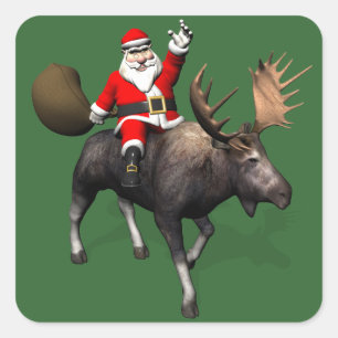 Weihnachtsmann auf Elch reitend Quadratischer Aufkleber