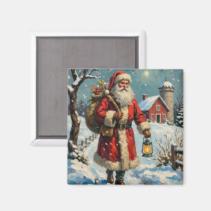 Weihnachtsmann auf schneebedecktem Bauernhausweg Magnet