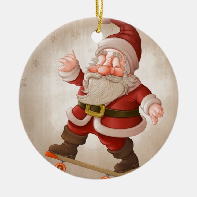 Weihnachtsmann auf Skateboard Keramikornament (Vorne)