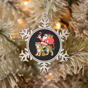 Weihnachtsmann auf Tiger Reiten Lakritzstange Xmas Schneeflocken Zinn-Ornament