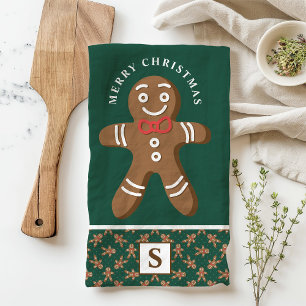 Weihnachtsmann aus Lebkuchen Grünes Monogramm Froh Geschirrtuch